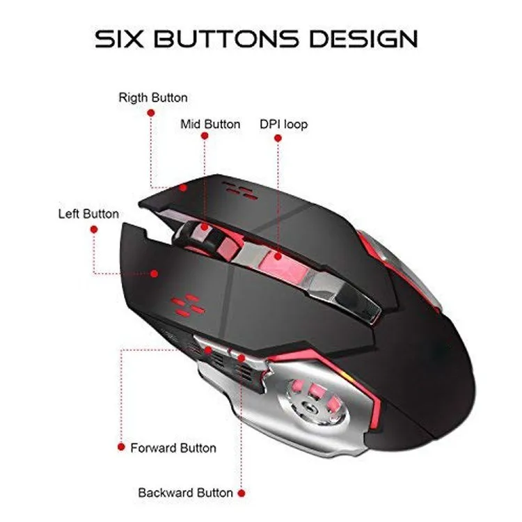 Wireless Silent Rechargeable Gaming Mouse 2.4GHz 1800DPI Mice USB Optical Game Backlight Mouse For
