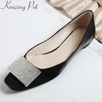 

Krazing Pot soft silk glitter crystals decoration low heels slip on natural leather square toe ballet shoes elegant pumps L10