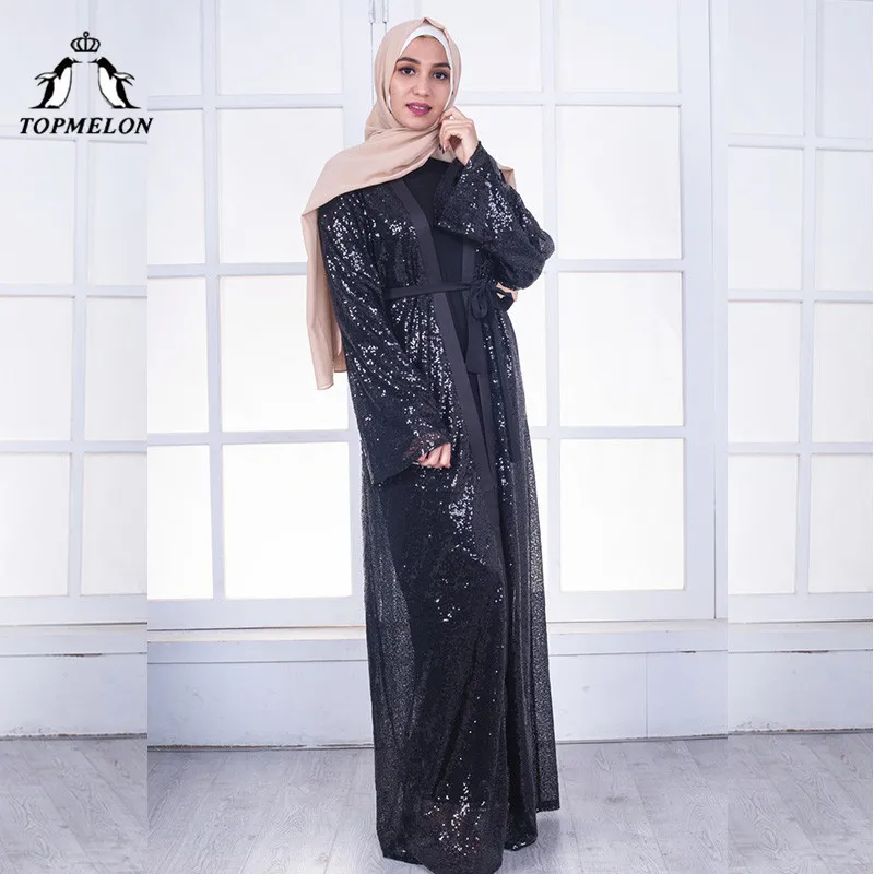 TOPMELON блестящие абайя Женская Макси мусульманское платье черный роскошный открытый халаты Мода исламский стиль Костюмы