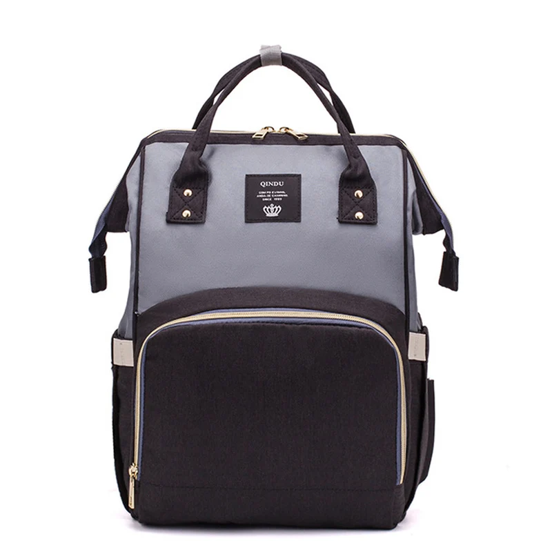 QinDu Лоскутная сумка для подгузников, дизайнерский рюкзак для ухода за ребенком, дорожная сумка для подгузников, органайзер, водонепроницаемая сумка для беременных, большая скидка - Цвет: Black Gray