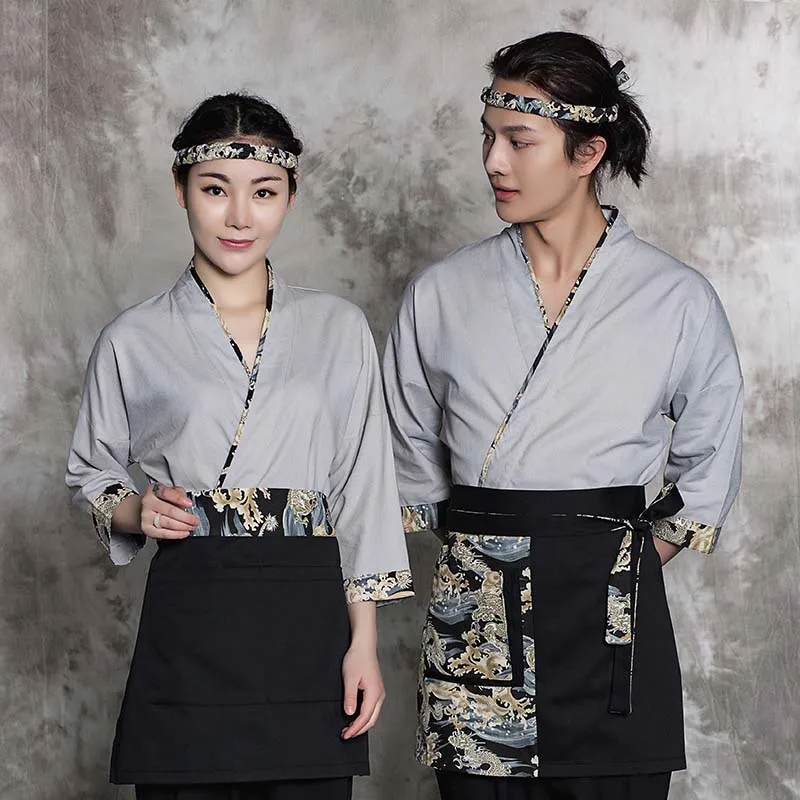 XINFU Sushi Chef Jacket Kimono Collar Japanese 3/4 Sleeves Korea Coat Chef Uniform Cyan Chef Coat