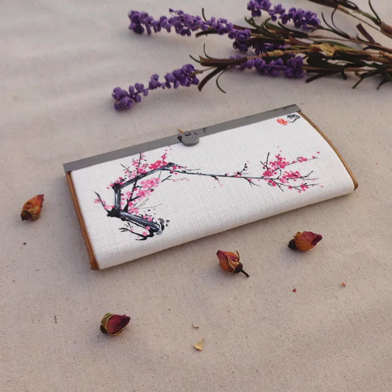 

Hand-painted ink plum blossom wallets tourist attractions cotton and linen fabric features retro bag Chinese style