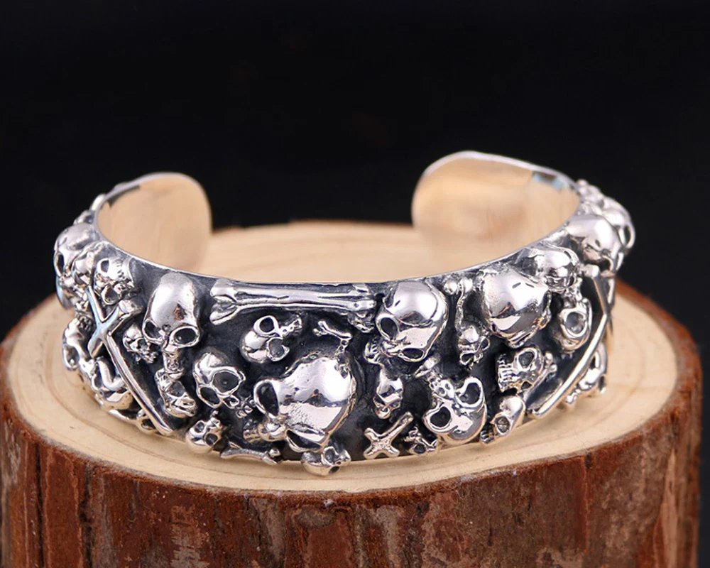 

solid 925 sterling Silver 126g 24mm Women Men's Heavy Wide skull cuff bracelet bangle A1812