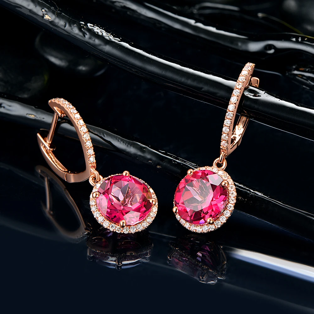 Caimao Jewelry 14KT розовое золото 4.75ct Круглой Огранки розовый топаз и 0.33ct природных алмазов Обручение серьги