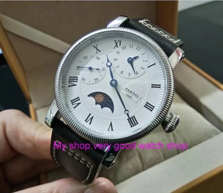 

44mm PARNIS Moon Phase Mechanical Hand Wind movement men's watch Multi-function Mechanical watches wholesale GD251A