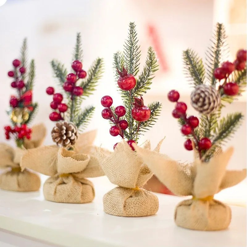 

Artificial Christmas Tree Decorations for Home Creative Jute Red Fruit Pine Cone Desk Ornament Christmas Village DIY Decor Craft