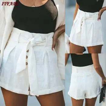

New Fashion Hot Sale Women's Solid White High-Waist Drawstring Button Loose Shorts Office Ladies Summer Casual Wild Shorts S-XL