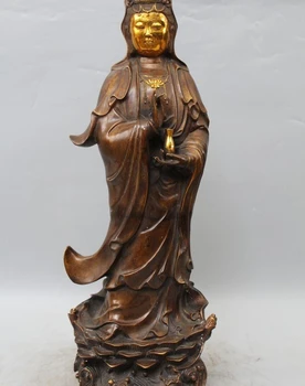 

25 China Bronze Gild Stand lotus Kwan-yin Guan Yin Boddhisattva Goddess Statue