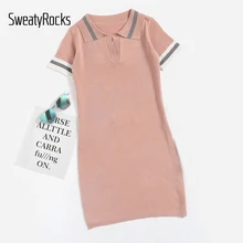 SweatyRocks розовый полосатый рукав вязать платье дамы с лацканами Средства ухода за кожей шеи короткий рукав спортивные оболочка рубашка Платья для женщин 2017 Повседневное Платья для женщин 1368