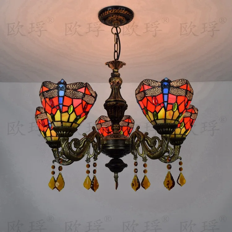 Européen rouge dragon fl5 têtes salle à manger chambre lampes en cristal Tiffany vitrail Restaurant pendentif lumières 110-240V E27