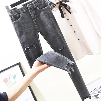 

2019 New Spring Autumn Jeans for Women Western Style High Waist Gray Ankle-length Pants Slim Female Pencil Denim Pants with Hole