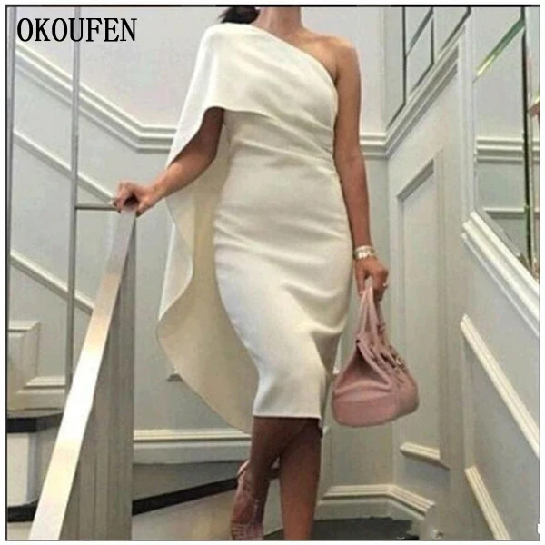 

Short Sheath Formal Dresses One Shoulder Capelet Tea Length Evening Party Gown robe de soiree vestido de fiesta de noche abiye