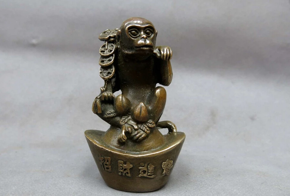 China brass sculpture carved copper Feng Shui money monkey on Yuan bao