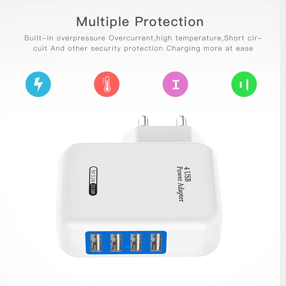 5V/3A USB Smart Charger 4 Ports EU US Plug Multiple Wall Adapter for iPhone 8 7 6 6S Plus iPad Samsung Mobile Phone Charger