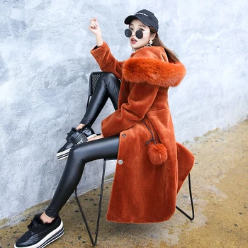 

New Sheep fur coat female long section Merino sheep natural fox fur collar lamb fur coat women's hooded