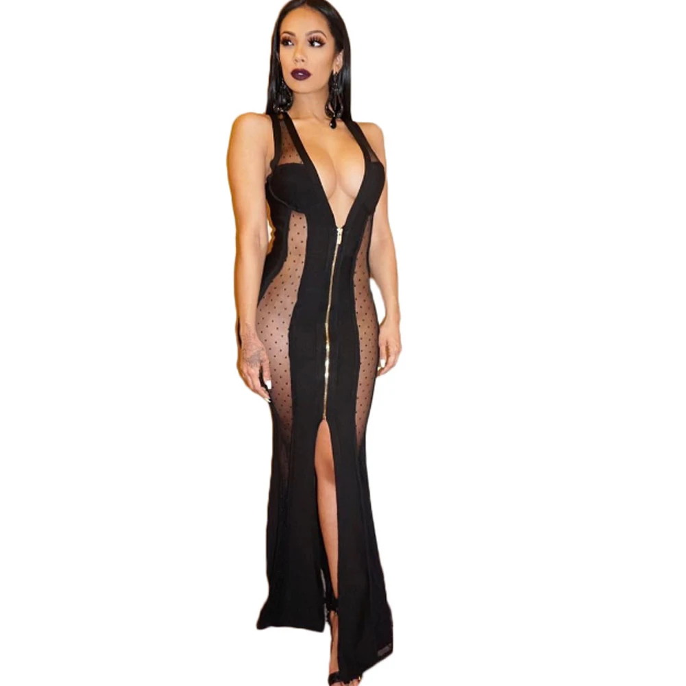 Sexy Women Deep V Neck Sleeveless Mesh Patchwork Dress Bodycon See 