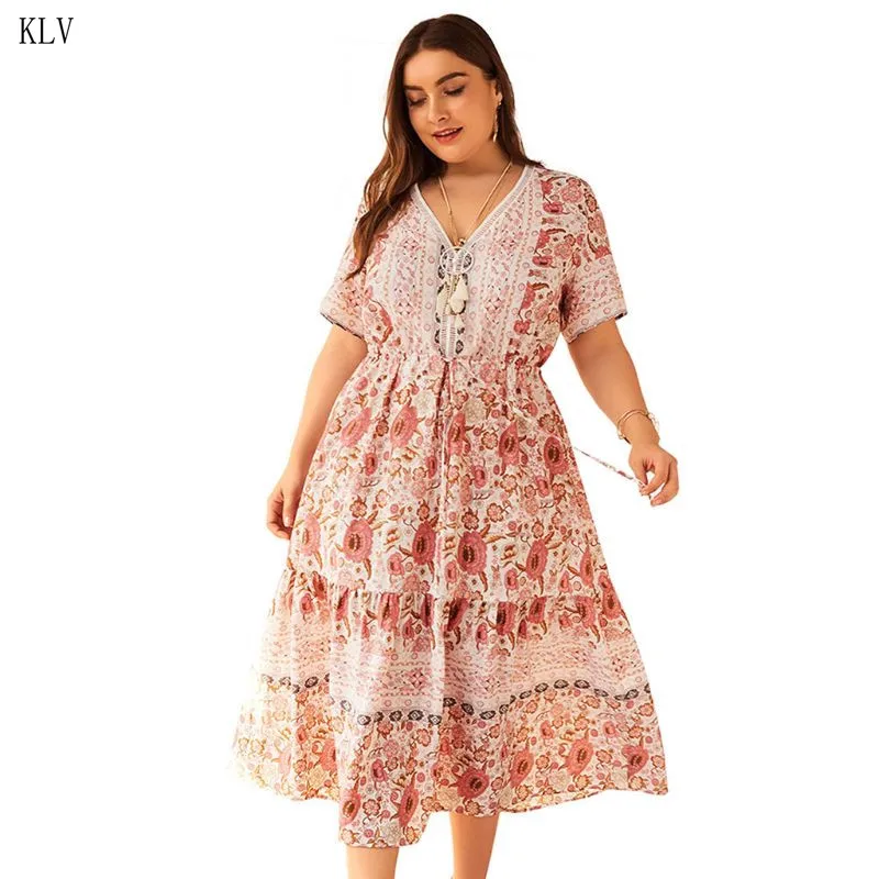 

2019 Summer Women Dress BOHO V Neck Floral Print Lace-up Short Sleeve Swing Midi Dress Holiday Plus Size XL-4XL