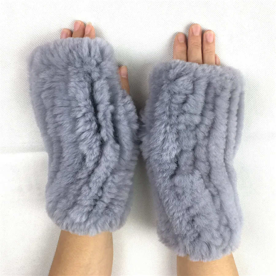 

LIYAFUR New Women's Real Genuine Knitted Rex Rabbit Fur Winter Fingerless Gloves Mittens Arm Sleeve