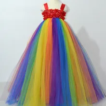Радужное длинное платье-пачка с цветами для девочек детское Пышное Платье-пачка из тюля с бантом из ленты, детское праздничное платье