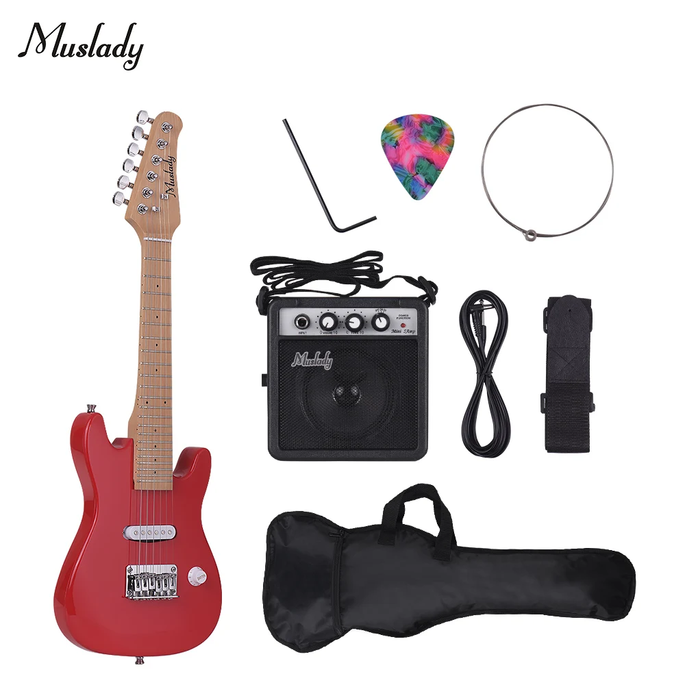 Muslady 28 дюймов детский набор электрических гитар клен шеи с изображением павловнии тело с мини усилитель акустической гитары сумка ремень Палочки строка - Цвет: Red