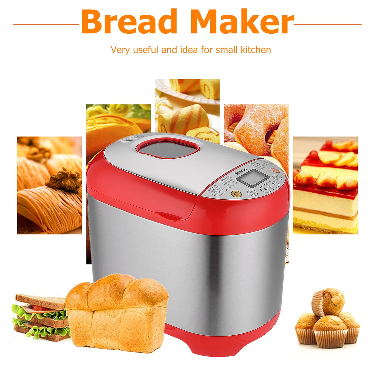 19 Programmes Stainless Steel 220V 500W 50Hz Electric Digital Automatic Bread Maker Yogurt Machine With Red Prompt Function