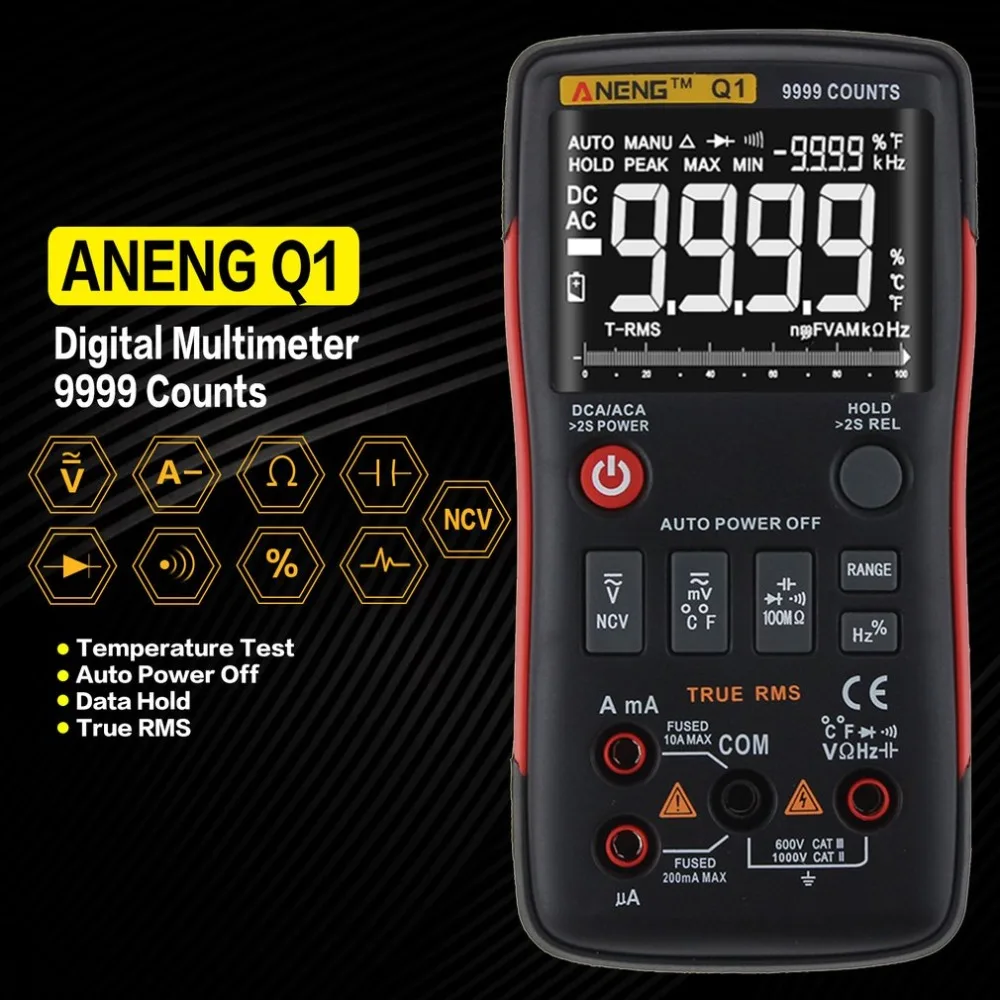 

Digital Multimeter NCV ANENG Q1 9999 Counts True RMS Auto Manual Range AC/DC Voltmeter Ammeter ohmmeter Capacitance Mini Tester