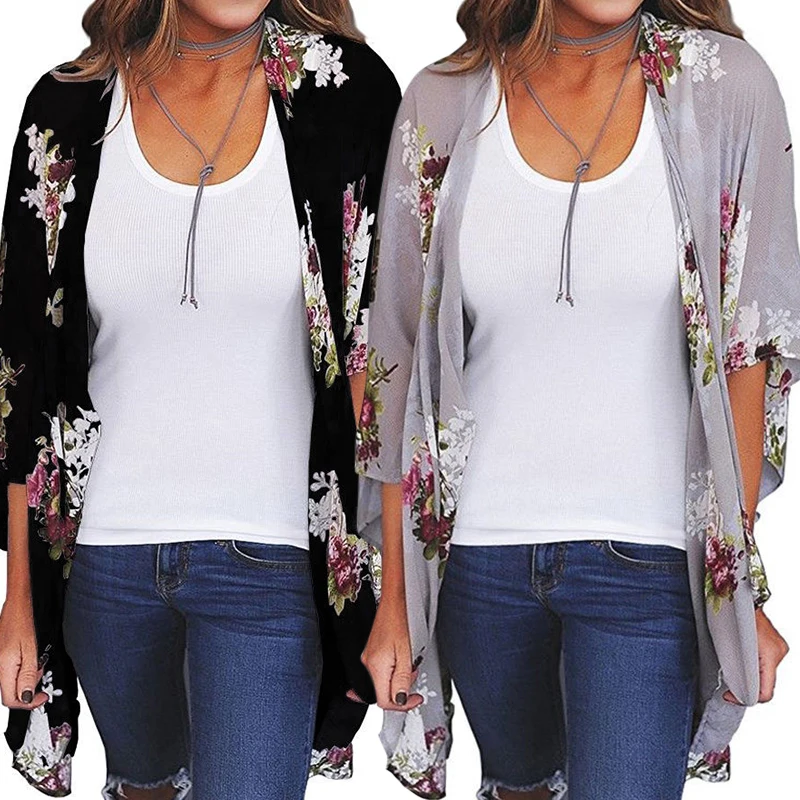 Women Boho Floral Loose Blouse Open Stitch Tops Shirt Floral Print Chiffon Cardigan Kimono Summer Beachwear Black Gray Blusas