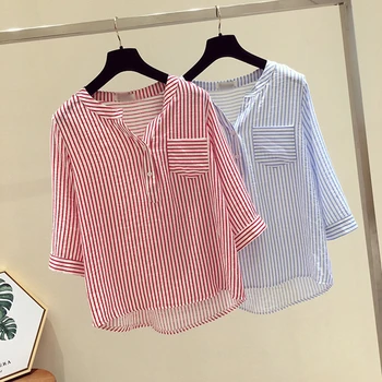 

Women Summer Blouses Girls Casual Loose Concise Striped Blouses Shirts Tops Three Quarter Sleeve Shirts Ladies Tops Tees Blouse