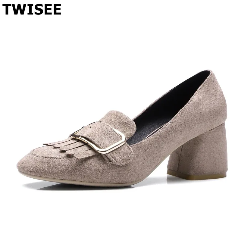 

summer pumps Microfiber Metal Decoration chaussure femme women high heels shoes Square heel Square Toe comfortable Leisure
