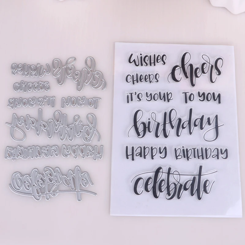 

Happy Birthday Metal Cutting Dies and Clear Stamp Set for DIY Scrapbooking Photo Album Decoretive Embossing Stencial