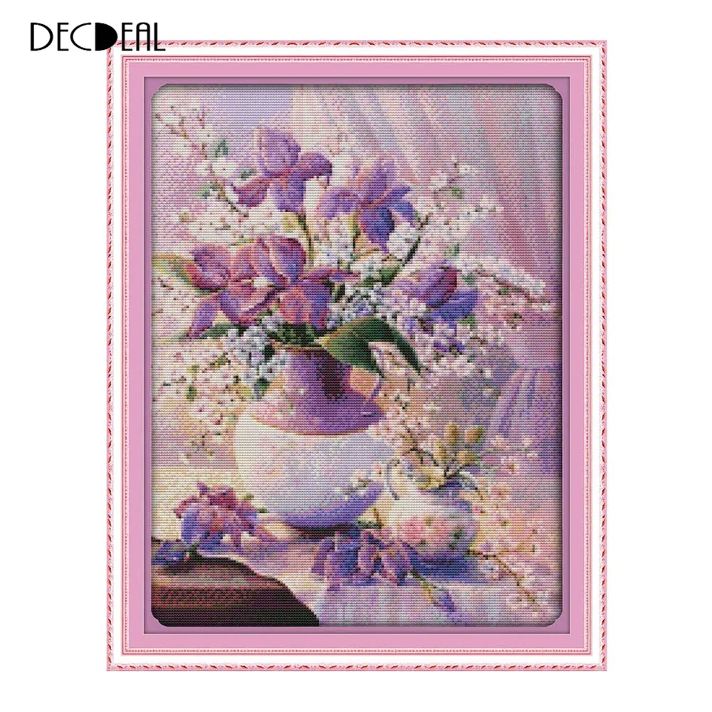 

38 * 47cm Handmade Needlework Counted Cross Stitch Set Embroidery Kit 14CT Purple Vase Pattern Cross-Stitching Home Decoration