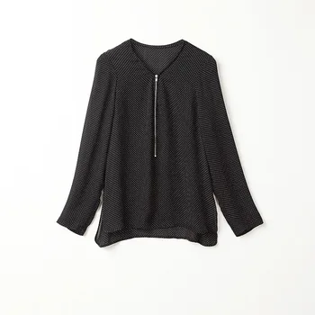 

100% Silk Women Black Blouse V Neck Long Sleeve Female Pollka Dot Print Shirt Top With Zipper