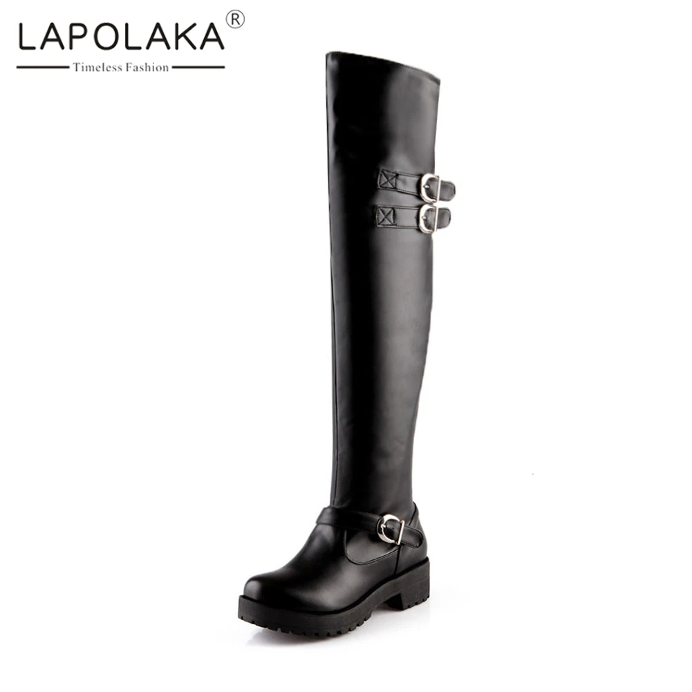 

Lapolaka Brand New Big Size 34-43 Belt Buckle Slip On Ladies Platform Shoes Woman Causal Party Ol Winter Over The Knee Boots