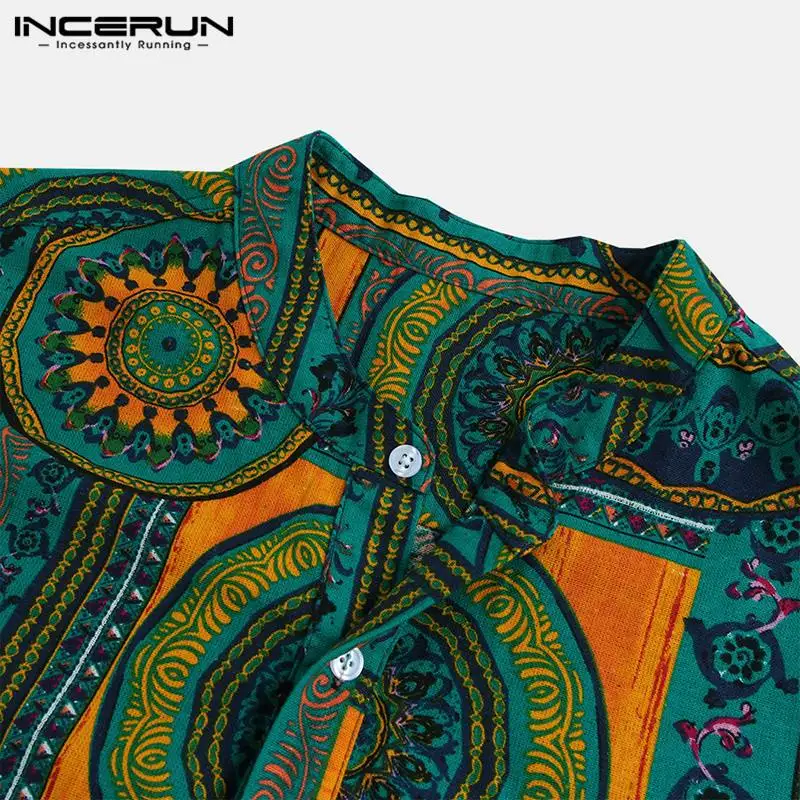 Men Shirt Ethnic Style Print Short Sleeve Stand Collar Camisa Masculina Casual Tops Streetwear Men Hawaiian Shirts INCERUN