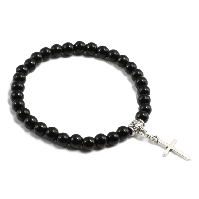 Retro Men Alloy Cross Pendant Bracelets Fashion Black Matte 6mm Beads Elastic Bracelet For Women