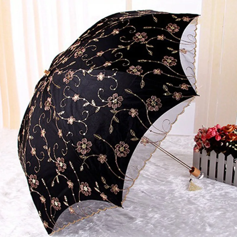 

Lace Flower Umbrellas Parasol Dual-folding Embroidery Good Quality tTwo Folding Umbrella