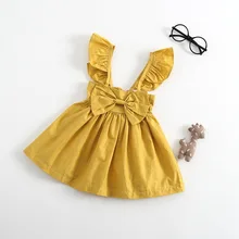 Детская летняя одежда с простым бантом милое желтое платье с рюшами платье принцессы для малышей бальное платье для девочек DR120