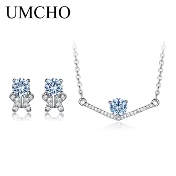 

UMCHO 925 Sterling Silver Jewelry Round Sky Blue Topaz Stud Earrings Necklace Elegant Wedding Gifts For Women Fine Jewelry Sets