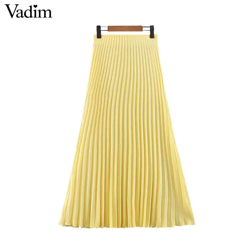 

Vadim women elegant solid pleated midi skirt side zipper female casual yellow mid calf office wear skirts faldas mujer BA524