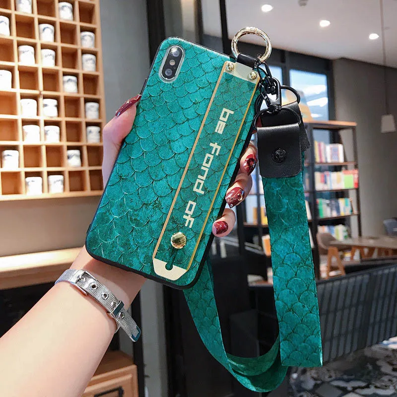 

Floral 3D Fish Scale Wrist Strap Phone Case For iPhone X XR XS XS 6 6s 7 8Plus Max with Lanyard Neck Strap Wrist Strap Cover 7+