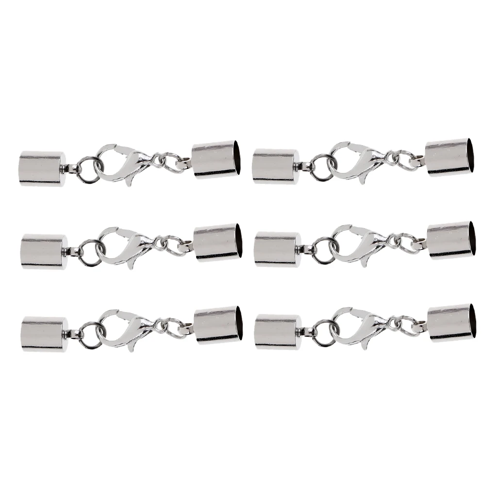 6 Pcs Sliver Stainless Steel Cord End Caps Clasp Lobster Converter Connector