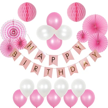 

HAOCHU 22pcs Pink Set Mix Size Paper Fan White Girl Latex Balloons for Birthday Baby Shower Paper Crafts Home Hanging Decoration
