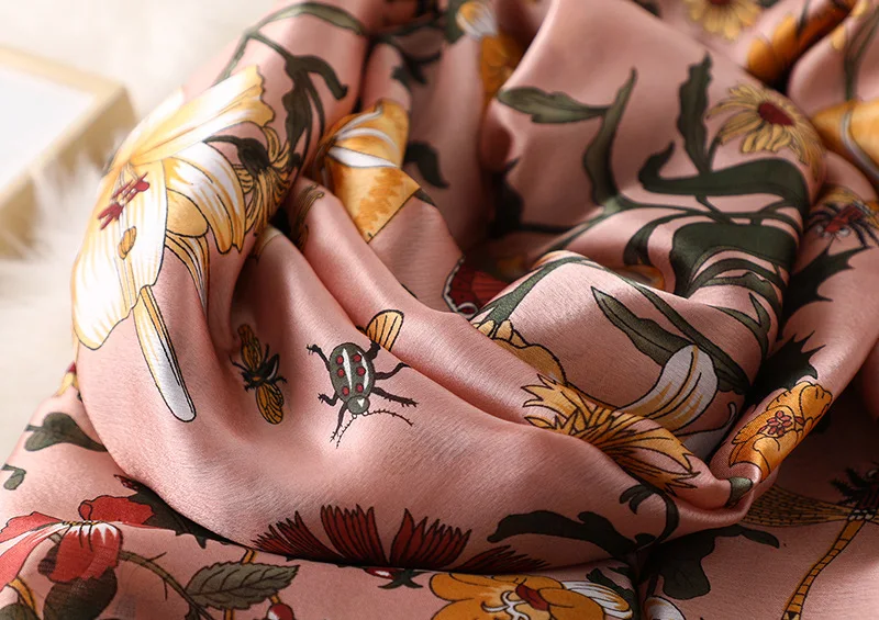 Цветок насекомых шелковый шарф с рисунком женские мягкие тонкие головные шарфы длинные большие пашмины Высокое качество шали и палантины