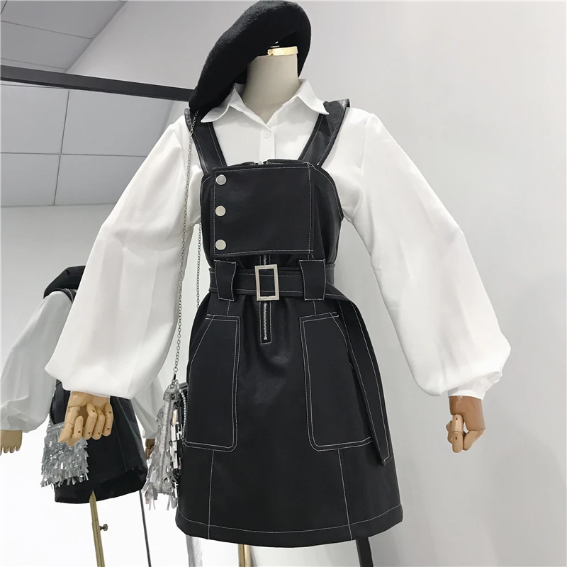 

2019 spring new women 2 pieces dress sets lantern-sleeved white blouse and denim zipper button dresses lady clothing suits