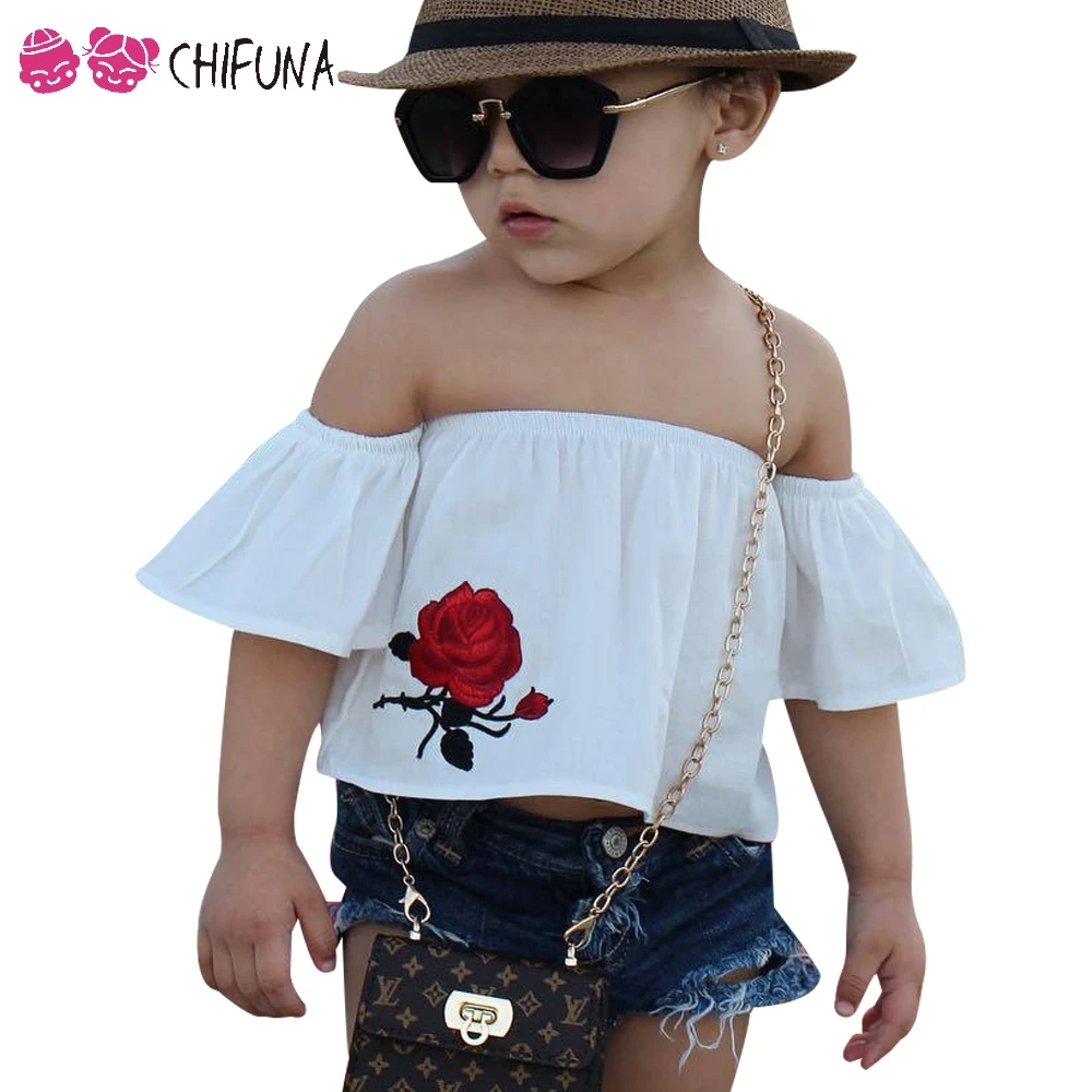 

chifuna Girls Shorts Sets New Fashion Kids Clothing Set Off Shoulder Floral Tops Hole Short Jean Outfits Children Summer Suit