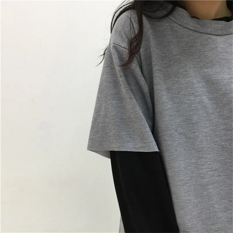 2018 الكورية المرأة هوديس البلوز أسود رمادي اللون مطابقة وهمية قطعتين طويل الأكمام فضفاضة بلوزات قمم Meleton موهير