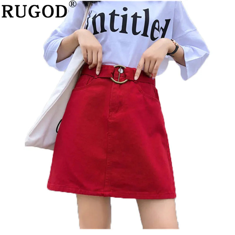 

RUGOD 2018 New Casula Chic Sweet Demin Solid Sashes High Waist basic Loose A-Line Mini Slim women summer Denim skirt harajuku