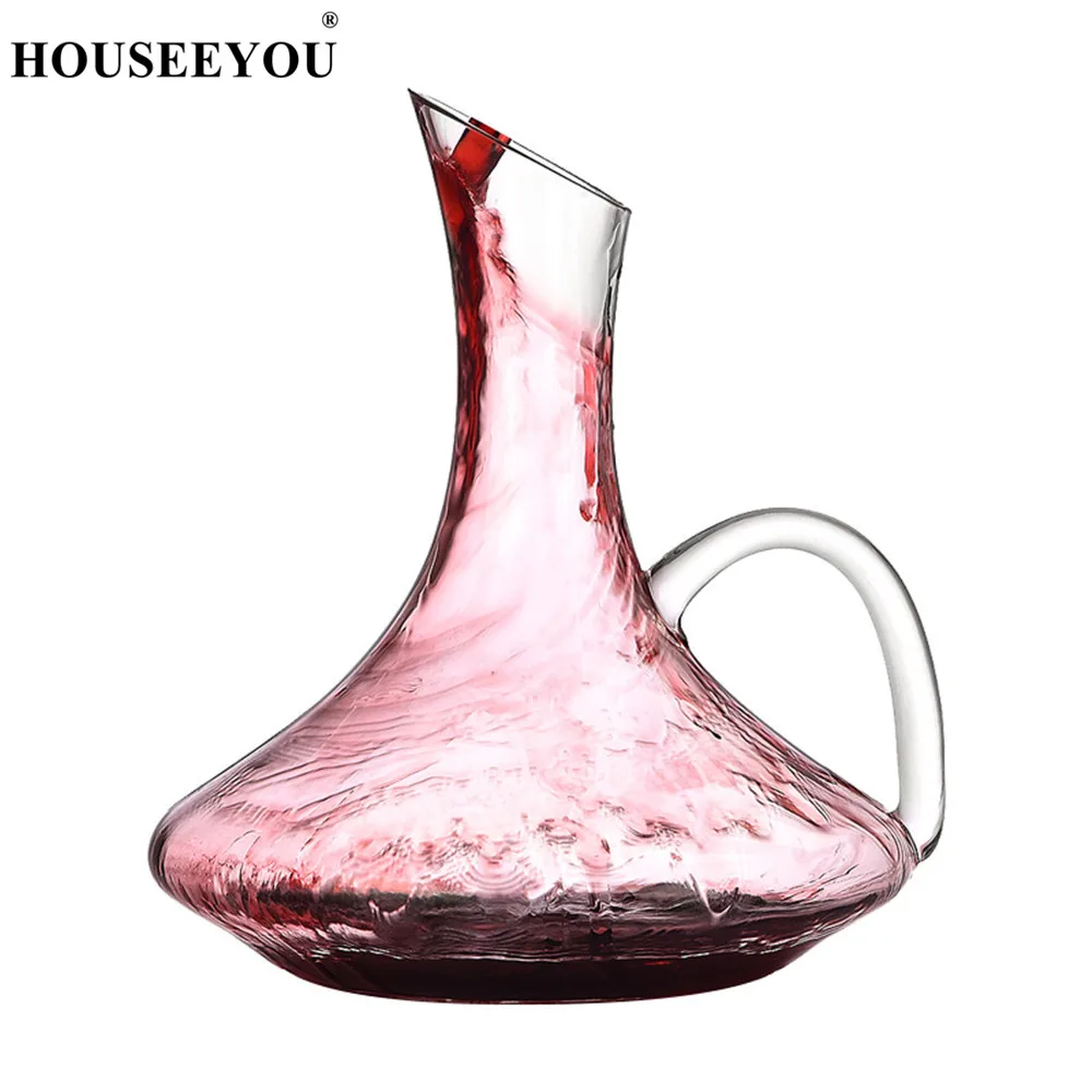 HOUSEEYOU 1300ML Flat Base with Handle Red Wine Decanter Handmade Transparent Crystal Glass Wine Bottle Whiskey Drink Bar Set - Цвет: 1300ML