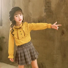 Футболка, детские топы с длинными рукавами для девочек на лето/осень, футболка, блузка, пуловер с круглым вырезом, модные детские комплекты больших размеров, 4-14 лет