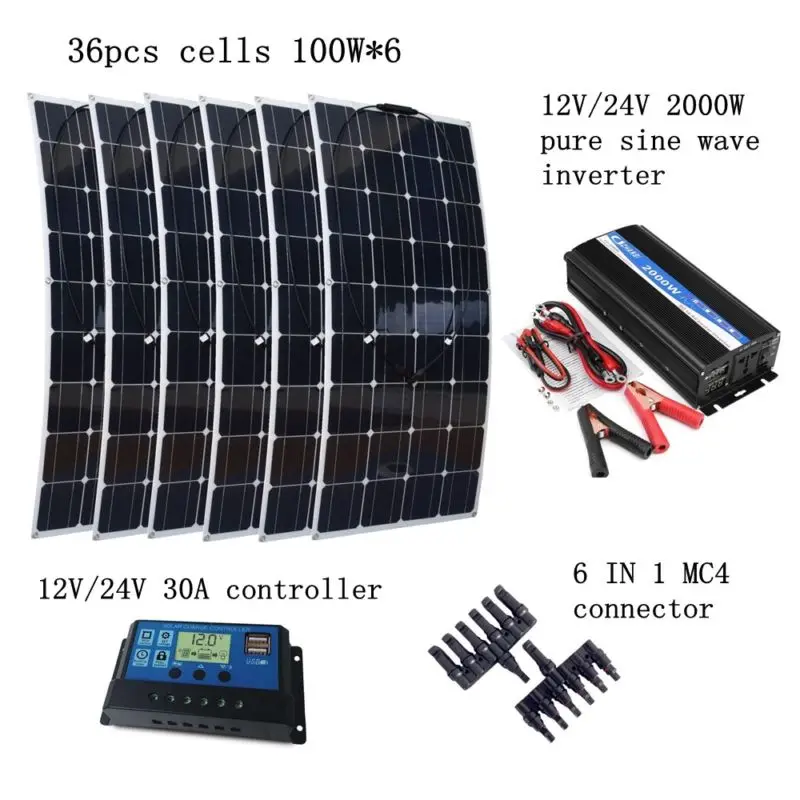 

6*100W Flexible Solar Panel Module +Peak 2000W Inverter + 12V/24V 30A Controller with Extended Cables Houseuse 600W Solar System